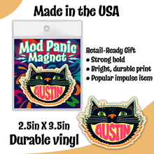 Load image into Gallery viewer, Sticker with 'Mod Panic Magnet Austin' design on a white background with text about product features.