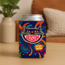 Load image into Gallery viewer, Austin Cat Koozie featuring bold retro design