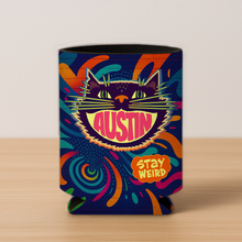 Load image into Gallery viewer, Austin Cat Koozie featuring bold retro design
