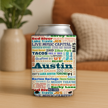 Load image into Gallery viewer, Austin Texas In Words Koozie featuring bold design