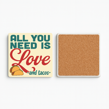 Load image into Gallery viewer, All You Need Is Love And Tacos Stone Coaster featuring retro-style design