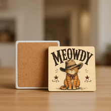 Load image into Gallery viewer, Meowdy Cat Stone Coaster featuring playful cat design