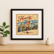 Load image into Gallery viewer, Howdy From Texas Wall Print featuring bold retro design