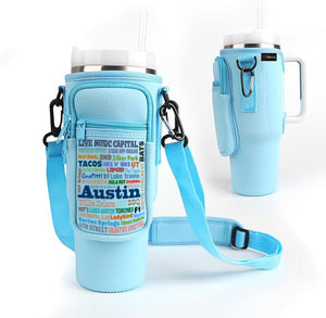 Austin in Words - 40oz Stanley style Carrier with Strap and Pockets