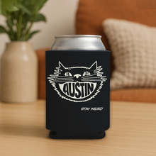 Load image into Gallery viewer, Austin Cat Black And White Koozie featuring a playful cat design
