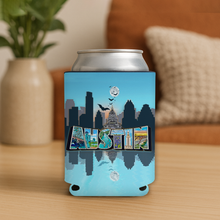 Load image into Gallery viewer, Austin Texas Skyline With Bats Koozie featuring a vibrant design
