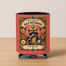 Load image into Gallery viewer, Our Lady Of Bad Decicions Racoon Prayer Candle Koozie mockup
