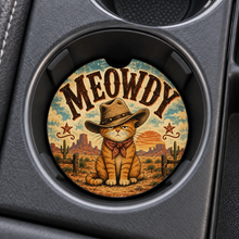 Load image into Gallery viewer, Meowdy Cowboy Cat car coaster in cupholder
