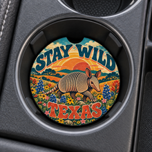 Load image into Gallery viewer, Stay Wild Texas Armadillo Sunset car coaster in cupholder
