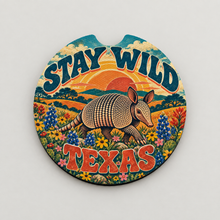Load image into Gallery viewer, Stay Wild Texas Armadillo Sunset car coaster product mockup

