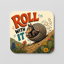 Load image into Gallery viewer, Roll With It Texas Armadillo Sticker featuring bold colors and playful design
