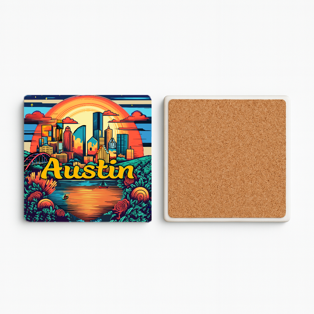 Austin Sunset Stone Coaster featuring vibrant sunset colors