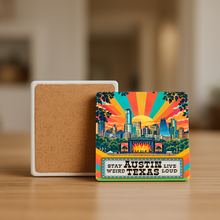 Load image into Gallery viewer, Austin Music Festival Stay Weird Live Loud Stone Coaster mockup
