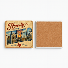 Load image into Gallery viewer, Howdy From Texas Stone Coaster featuring bold pop-culture design
