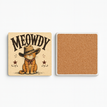 Load image into Gallery viewer, Meowdy Cat Stone Coaster featuring playful cat design
