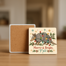 Load image into Gallery viewer, Merry &amp; Bright Y'All Christmas Armadillo Stone Coaster mockup
