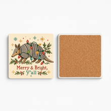 Load image into Gallery viewer, Merry &amp; Bright Y'All Christmas Armadillo Stone Coaster mockup
