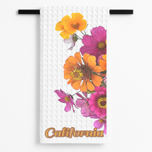 Load image into Gallery viewer, California Flowers Tea Towel featuring bold retro-future design
