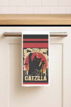 Load image into Gallery viewer, Catzilla Tea Towel featuring a playful cat design
