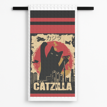 Load image into Gallery viewer, Catzilla Tea Towel featuring a playful cat design
