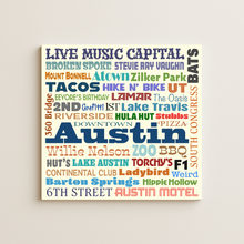 Load image into Gallery viewer, Austin In Words Wall Print featuring bold retro design
