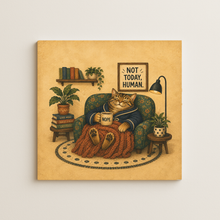 Load image into Gallery viewer, Not Today Human Cat Wall Print featuring playful retro-futurism design
