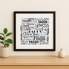 Load image into Gallery viewer, Tacos In Words Wall Print featuring bold pop-culture design
